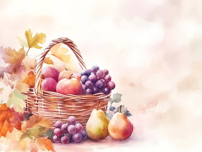 Hình ảnh miễn phí: Một giỏ đan lát đầy trái cây chín và lá mùa thu, một hình  minh họa miễn phí với nền màu hồng phấn