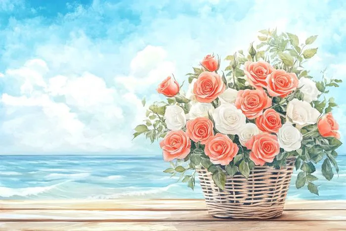 Hình ảnh miễn phí: Giỏ hoa hồng đỏ trắng thanh lịch trên sân gỗ ven biển,  phông nền ven biển yên bình tự do