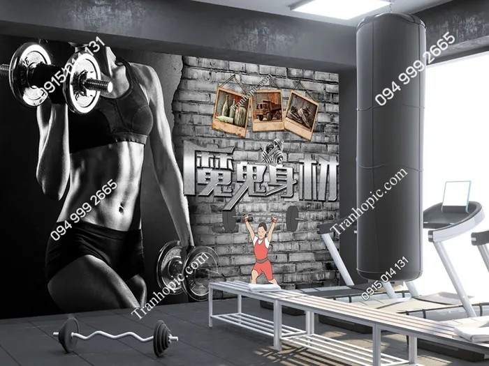 Tranh Fitness Slimming nền gạch đen dán tường phòng gym PK2185091 Tranh Fitness Slimming nền gạch đen dán tường phòng gym PK2185091