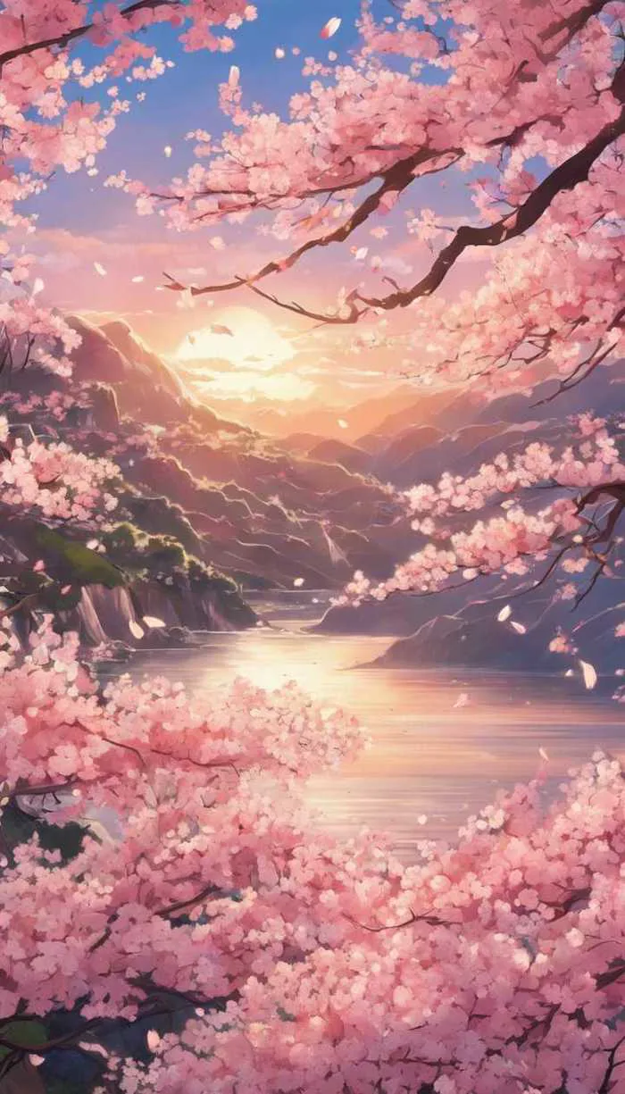 Cận cảnh một bông hoa anh đào, được vẽ theo phong cách anime, nở rộ với  những cánh hoa nhẹ nhàng rơi xuống trong ánh hoàng hôn dịu nhẹ. Hình nền  [45fc70164341451bb983]