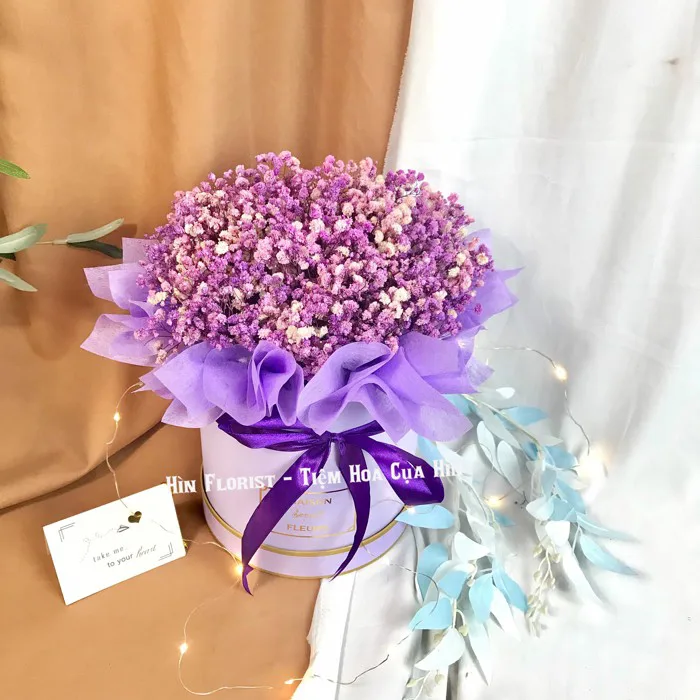 Hộp trụ hoa baby khô tím rẻ dẹp tại TPHCM - Hìn Florist