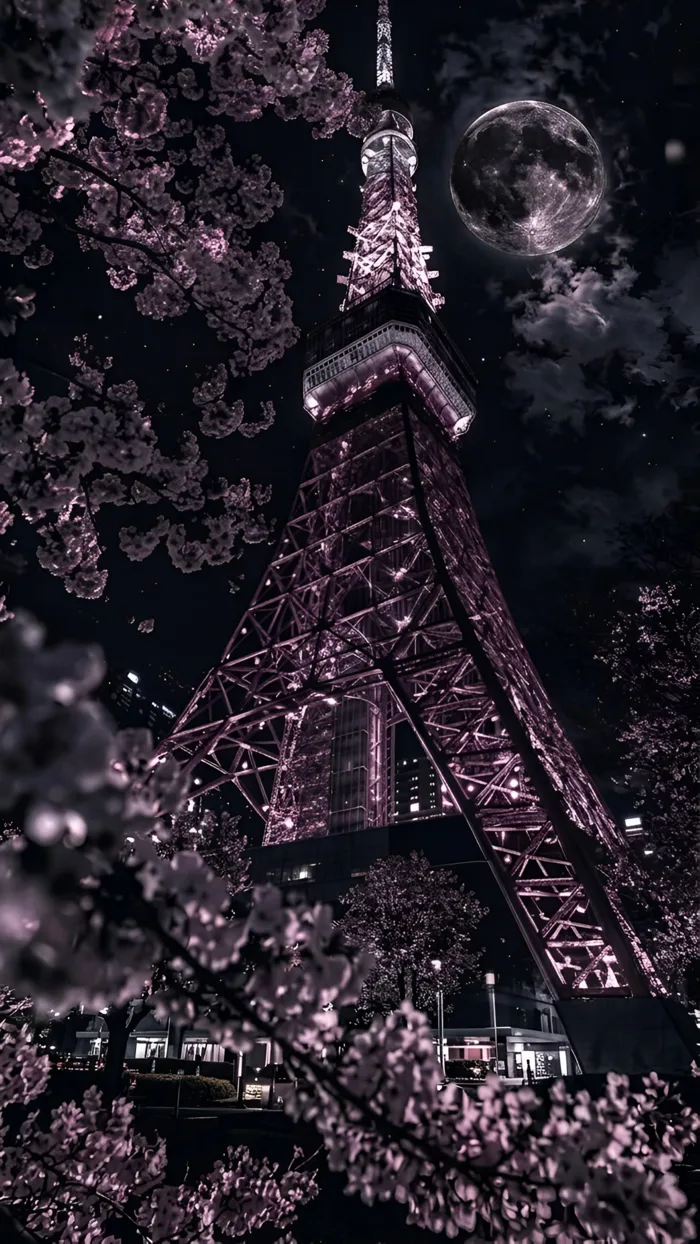 Hình Nền Tháp Tokyo Ban Đêm – Trăng Tròn & Hoa Anh Đào 4K | 2064x3669 |  Wallpaper Alchemy