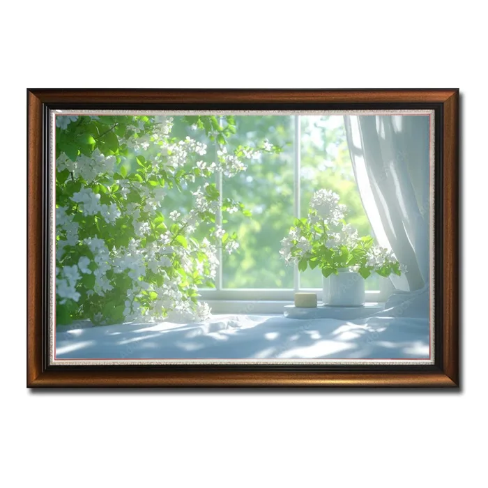 Mẫu tranh bình hoa trắng bên cửa sổ đẹp Amia05824