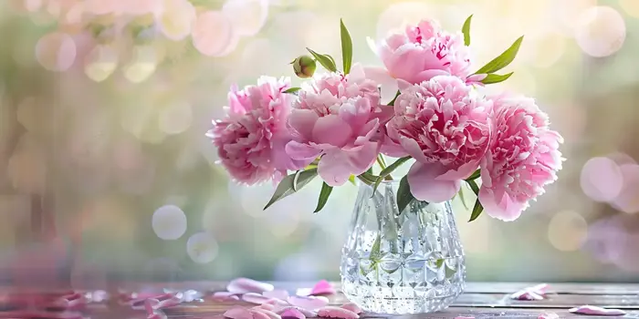 Hình nền Nền Hoa Mẫu đơn Màu Hồng Tinh Tế được Cắm Trong Bình Thủy Tinh Có  Họa Tiết Với Những Cánh Hoa Rải Rác Tạo Nên Vẻ đẹp Lãng Mạn Và