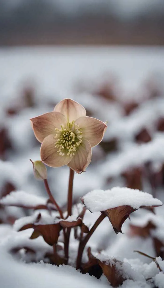 Một loài hoa hellebore màu nâu, còn được gọi là hoa hồng mùa đông, nép mình  giữa cánh đồng tuyết. Hình nền [55d2eb794d5f4badbbe5] của Wallpaper HD |  WidgetClub