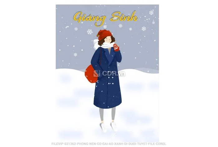 Phông nền cô gái áo xanh đi dưới tuyết. File corel (v64637858) - Vector6  All New - Super AI Design
