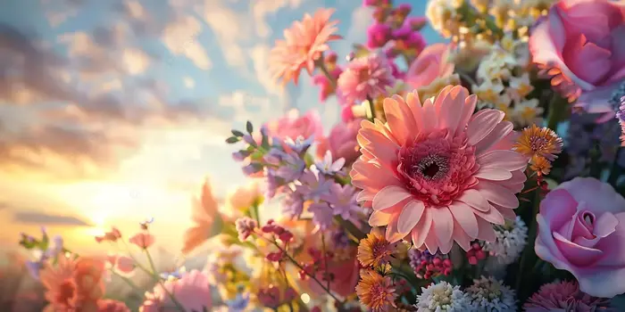 Hình nền Nền Bầu Trời Hoàng Hôn Với Những Bông Hoa Rực Rỡ Bao Gồm Hoa Hồng  Và Hoa đồng Tiền Tạo Nên Cảnh Quan Hoa ấm áp, Hoa Hoàng Hôn, Hoa