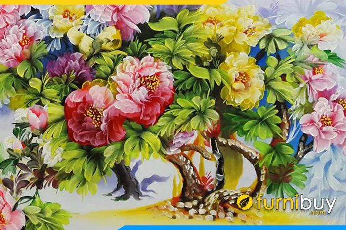 Tranh vẽ sơn dầu hoa mẫu đơn nền giả 3D TSD 157 | Nội thất FurniBuy