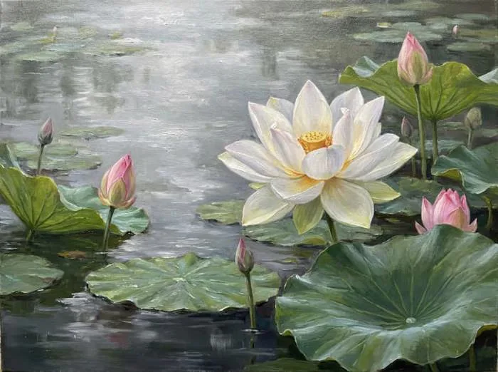 Tranh Sơn Dầu Hoa Sen Đẹp, Sang Trọng Cho Phòng Khách, Phòng Thờ