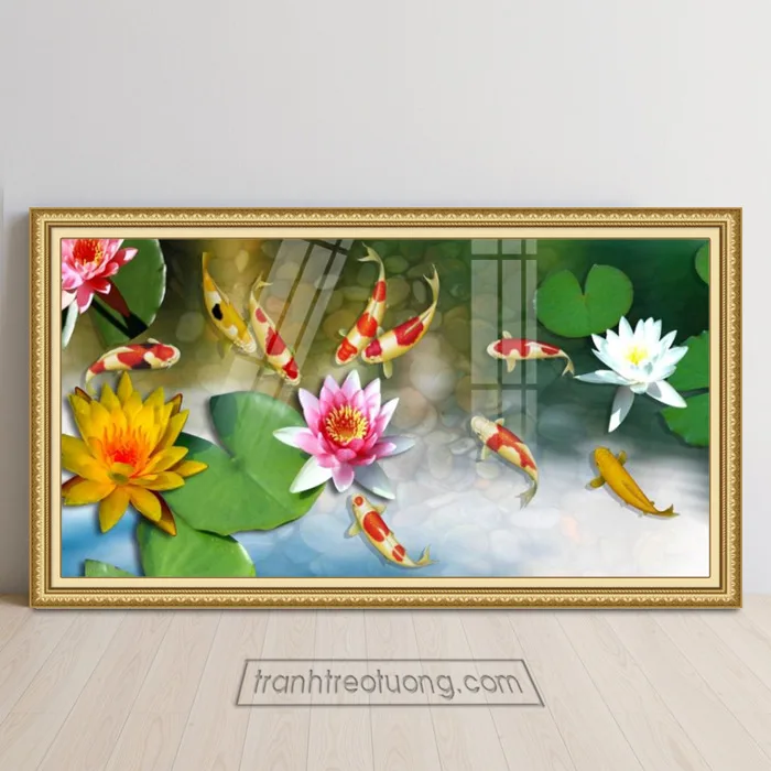 Mẫu tranh cửu ngư cá chép bơi trong đầm hoa súng TCN4634