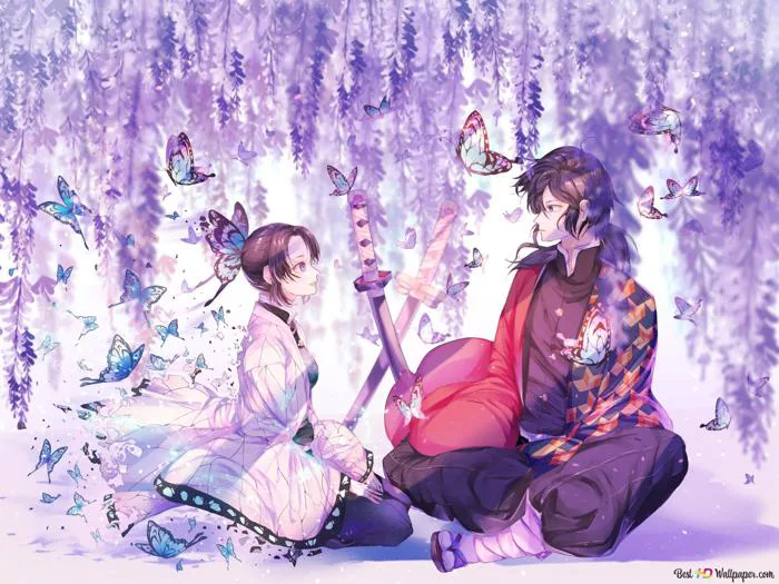 Shinobu và Giyu của Hashira với nền hoa Tử Đằng và bướm màu tím 2K tải  xuống hình nền
