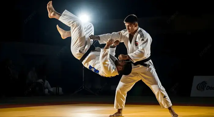 Hình nền Nền Hai Vận động Viên Judo Mặc đồng Phục Trắng Thực Hiện Kỹ Thuật  Ném Năng động Trên Thảm Thi đấu Dưới Sự Chú ý Của Mọi Người, Võ Thuật,