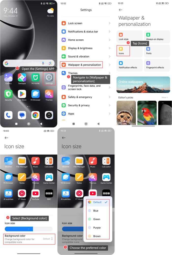 Làm thế nào để thay đổi màu nền cho các biểu tượng tương thích trên Xiaomi  14T?