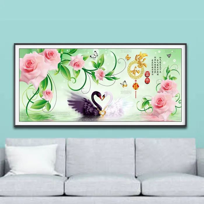 Mẫu tranh đôi thiên nga và hoa hồng đẹp TNg2136
