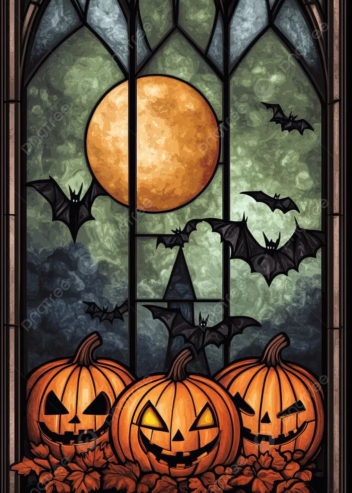 Nền Cảnh Halloween Ma Quái Với đèn Lồng Bí Ngô Dơi Và Trăng Tròn Trên Cửa  Sổ Kính Màu Hình Nền Cho Tải Về Miễn Phí - Pngtree