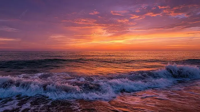 Hình nền Nền Một Hoàng Hôn Bên Bờ Biển Tuyệt đẹp Với Những đám Mây Màu Vàng  Cam Và Hồng Trên Những Con Sóng Lấp Lánh, Hoàng Hôn, Bờ Biển, ánh Hào