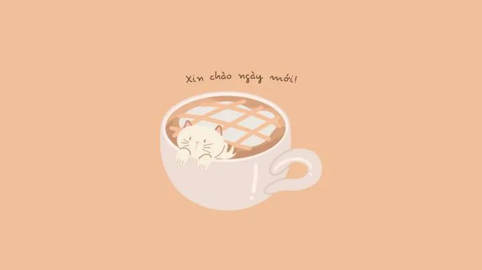 Màu Nâu Be Con Mèo Và Cốc Cà Phê Hình Nền Máy Tính Đơn Giản – Mẫu từ Canva