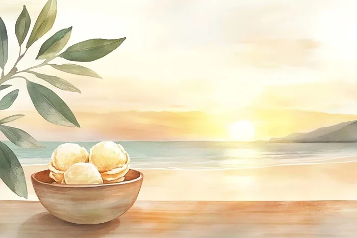 Hình ảnh miễn phí: Hình minh họa màu nước trang nhã của một bát kem trên  bàn với một bãi biển ở nền