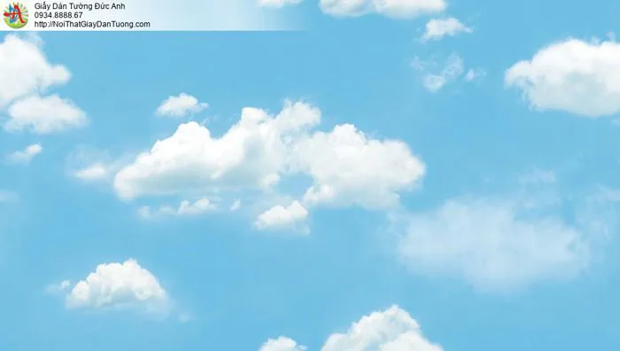 Giấy dán tường hình bầu trời xanh mây trắng, bầu trời màu xanh dương sky  blue,