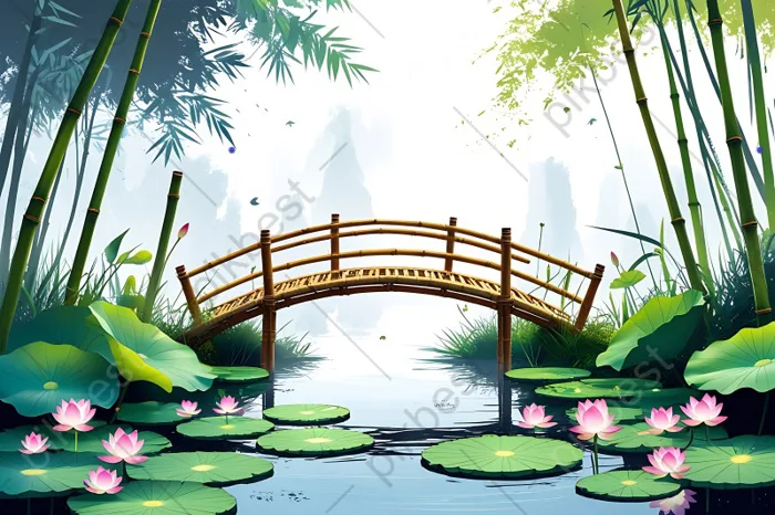Tải miễn phí Một Cây Cầu Tre Trên Mặt Nước Với Hoa Sen Và Cây Nền | JPG  chuyên nghiệp - Pikbest