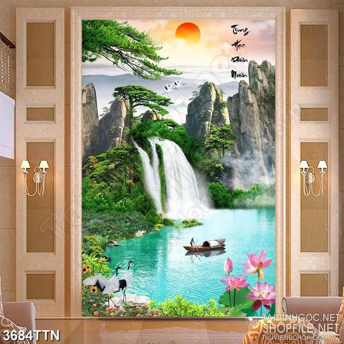 Tranh thiên nhiên giao hòa trang trí con đò bên thác nước trắng
