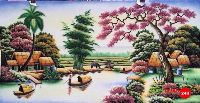 Tranh đá quý phong cảnh làng quê T153 LÀNG QUÊ CON ĐÒ TUYỆT ĐẸP