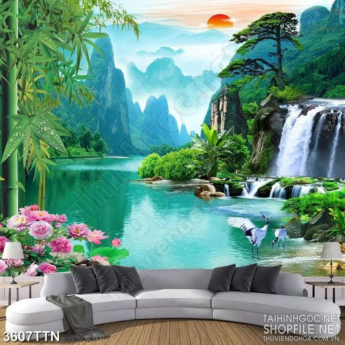 Tranh thiên nhiên giao hòa dòng sông yên tĩnh dưới chân núi 3d