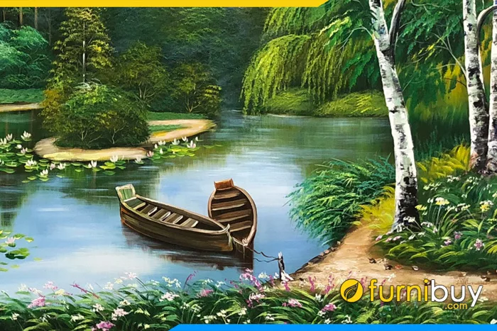 Tranh sơn dầu thiên nhiên hồ nước trong rừng TSD 438 | FurniBuy
