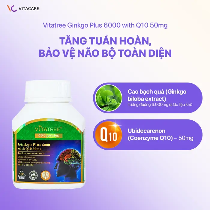 Vitatree Ginkgo Plus 6000 with Q10 50mg 60 viên Bổ Não, Tăng Cường Trí Nhớ