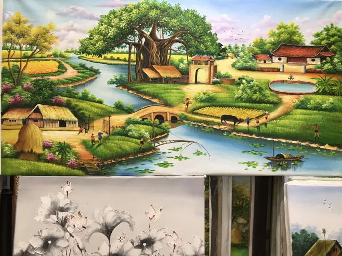 Tranh phong cảnh làng quê Việt Nam đẹp và thơ mộng - Tranh Vẽ Theo Yêu Cầu