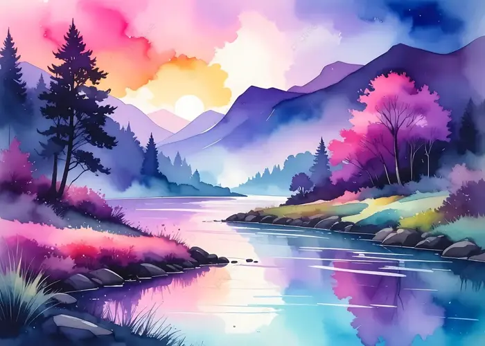 Hình nền Nền Phong Cảnh Màu Nước Sống động Của Một Dòng Sông Thanh Bình  Chảy Qua Thung Lũng Núi đầy Màu Sắc Lúc Bình Minh, Núi, Rừng, Thiên Nhiên  Background Vector