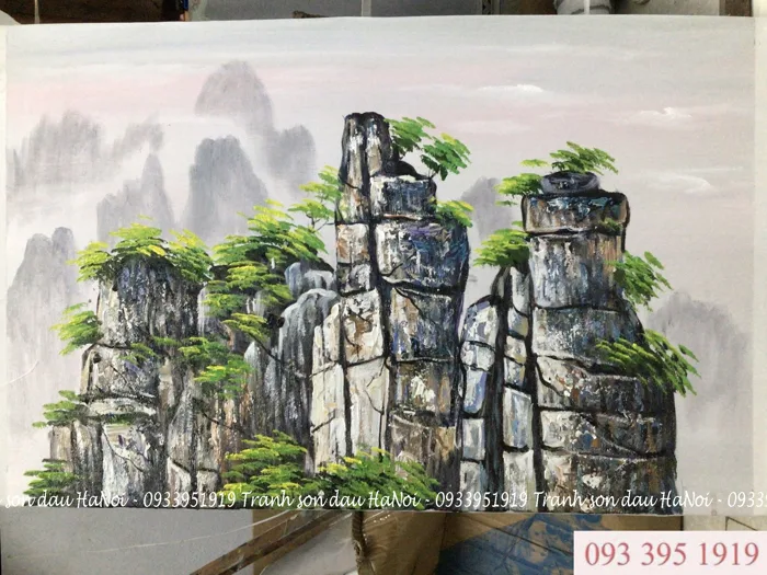 Tranh sơn dầu phong cảnh núi thiên nhiên treo tường