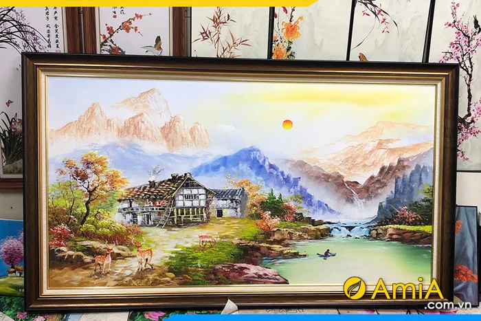 Tranh sơn dầu phong cảnh nhà sàn bên sông núi TSD 610