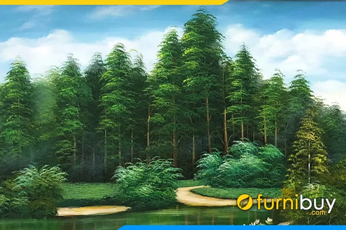 Tranh sơn dầu thiên nhiên hồ nước trong rừng TSD 438