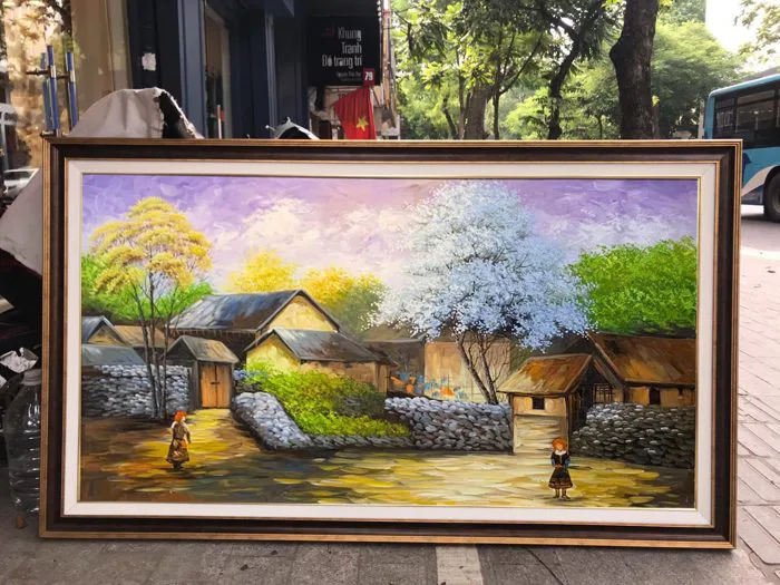 Tranh sơn dầu phong cảnh Tây Bắc thiên nhiên núi rừng bản làng mùa xuân
