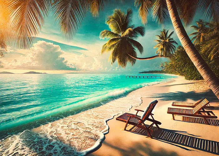 Hình nền Nền Tranh Sơn Dầu Thiên Nhiên Bãi Biển Nhiệt đới Như Phong Cảnh  Mùa Hè Với Những Chiếc Ghế Dài Giường Lá Cọ Và Biển Lặng, Thực Vật, Nước, Du