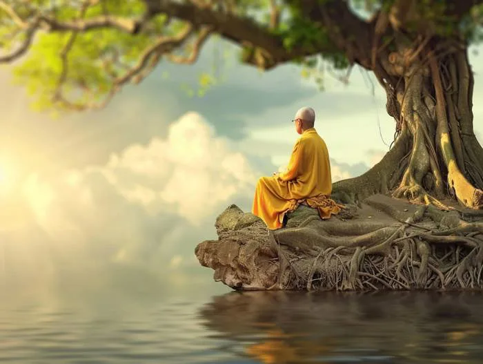 Hình ảnh miễn phí: Một nhà sư Thiếu Lâm Phật giáo ngồi thiền định trên một  tảng đá dưới gốc cây bên cạnh làn nước tĩnh lặng vào lúc hoàng hôn