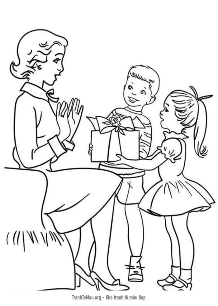 Tải tranh tô màu Các Con Tặng Mẹ Quà Ngày Phụ Nữ 8-3