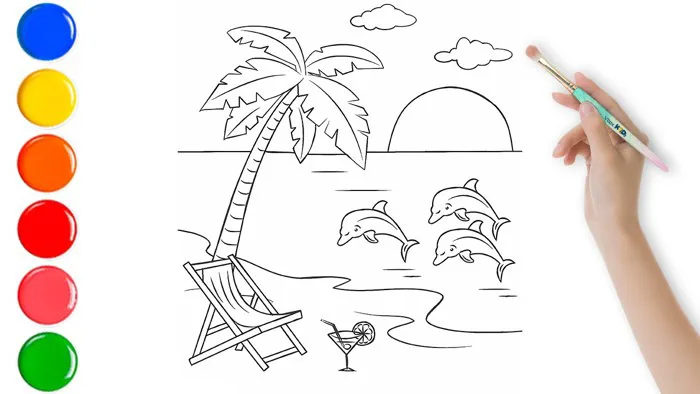 Video vẽ bãi biển mùa hè cho bé | Summer Beach Drawing | Vbox Kids Coloring