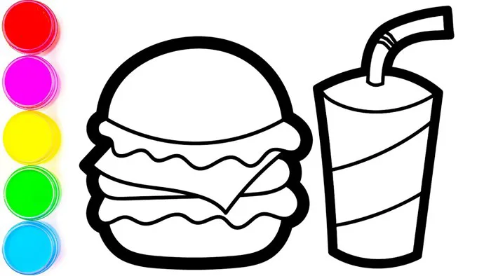 Cầu vồng bánh hamburger & nước ngọt tách bản vẽ cho bé Rainbow Hamburger &  Soda Cup Drawing for Kids
