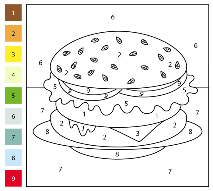 Bánh hamburger - Tô màu theo số | trang tô màu miễn phí để in