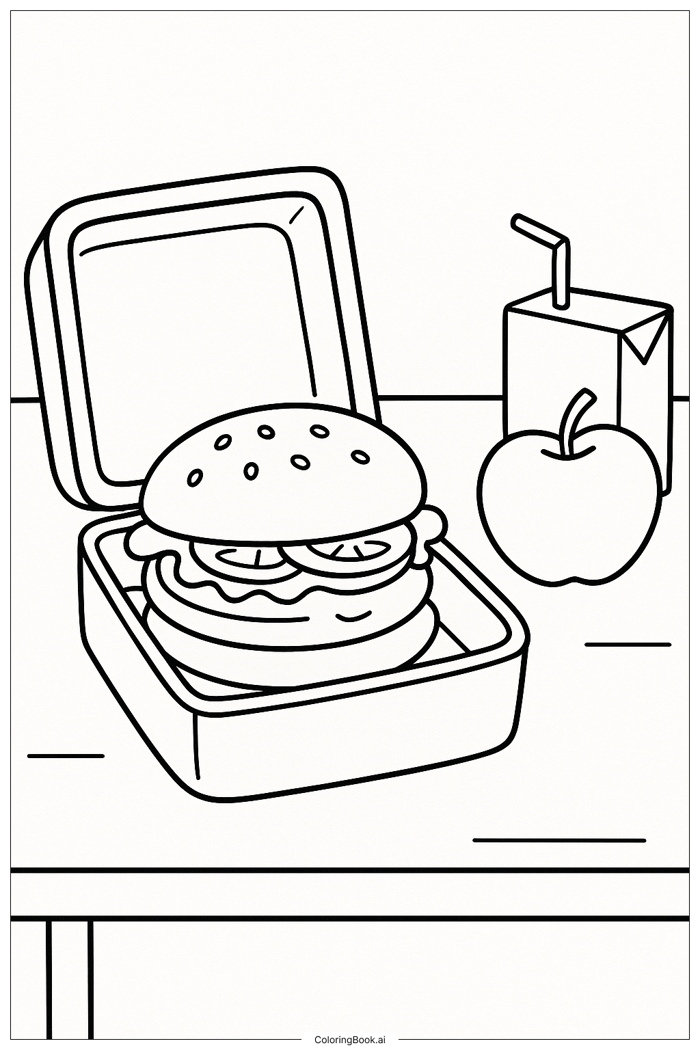 Trang Tô Màu Một chiếc bánh hamburger trong hộp cơm (Có thể In Miễn Phí  dưới định dạng PDF & PNG)