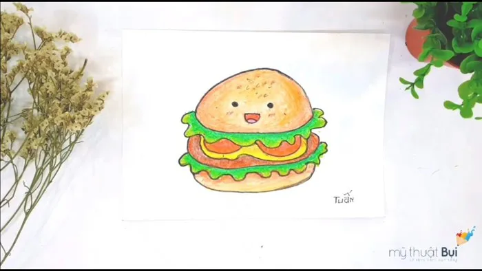 Dạy bé Vẽ và Tô màu Bánh Hamburger từng bước Cực Đơn Giản