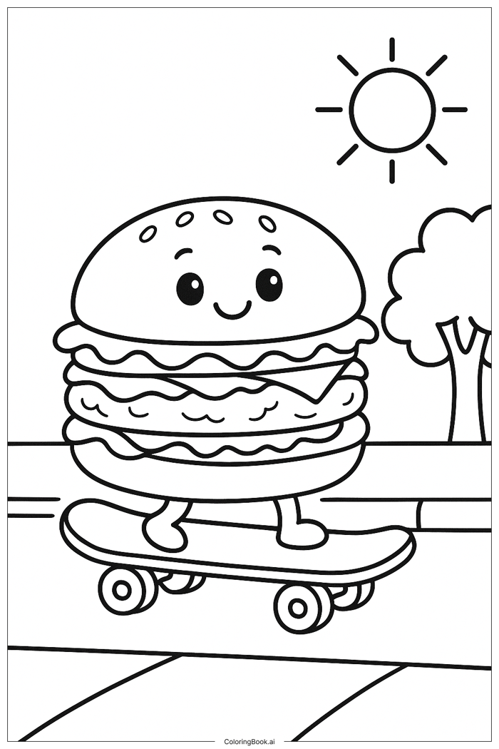 Trang Tô Màu Hamburger Trượt Ván (Có thể In Miễn Phí dưới định dạng PDF &  PNG)