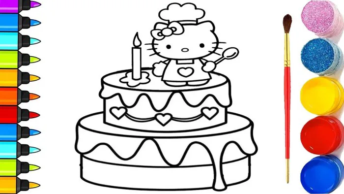 Hướng dẫn vẽ bánh kem sinh nhật Hello Kitty - Dạy vẽ tranh, tô màu bánh kem  Hello Kitty