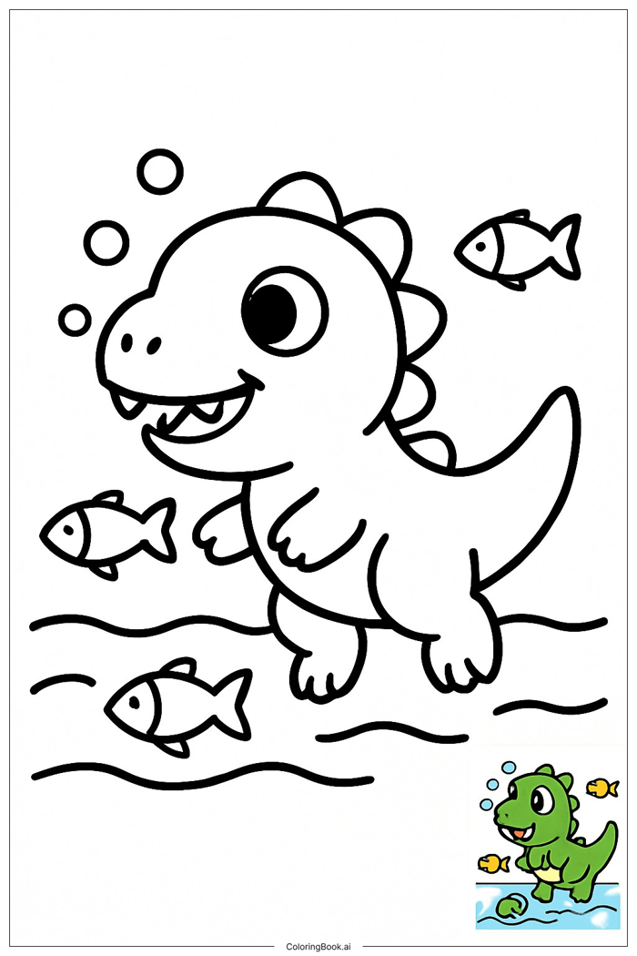 Trang Tô Màu Khủng long bơi cùng cá (Có thể In Miễn Phí dưới định dạng PDF  & PNG)