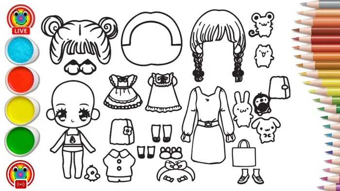 Tranh tô màu búp bê giấy cute dễ thương - Chibi cute Paper doll and outfits  Coloring pages for kids
