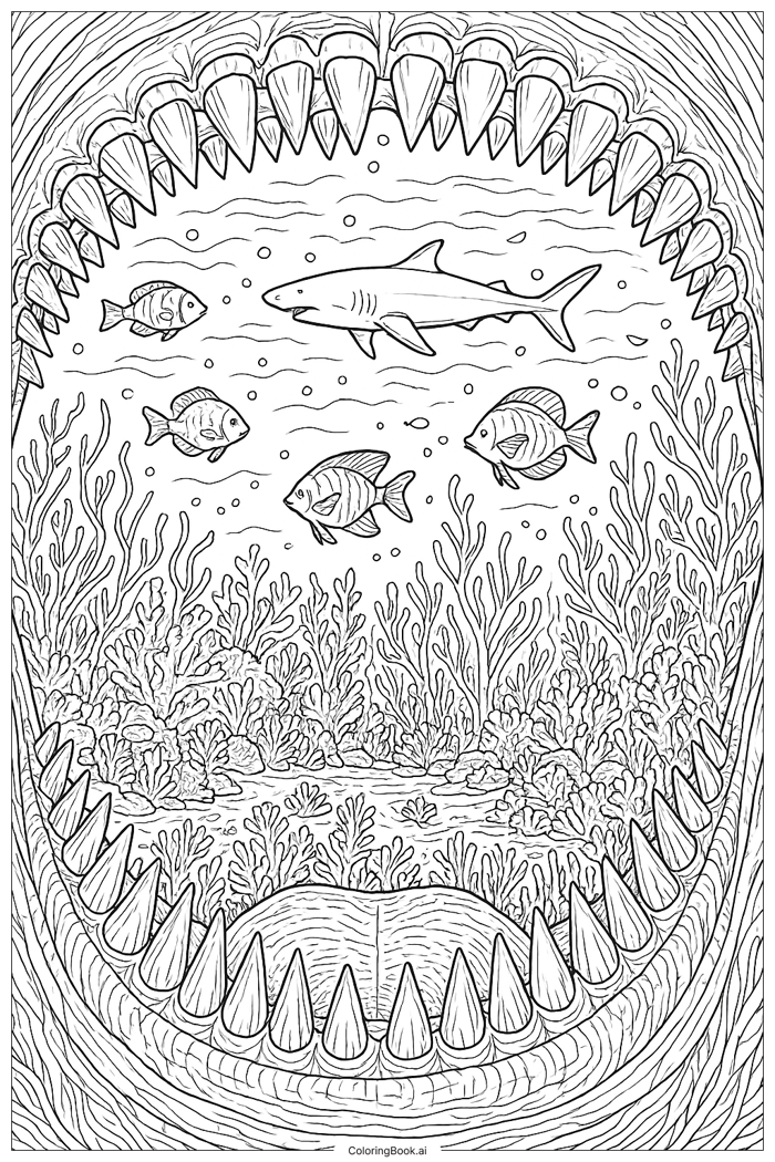 Trang Tô Màu Khung cảnh bên trong miệng Cá Mập Megalodon (Có thể In Miễn  Phí dưới định dạng PDF & PNG)