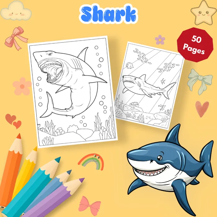 Bộ 50/25 tờ tranh tô màu, tranh tập tô cho bé hình cá mập Shark giấy A4, A5  M0254SK | Shopee Việt Nam