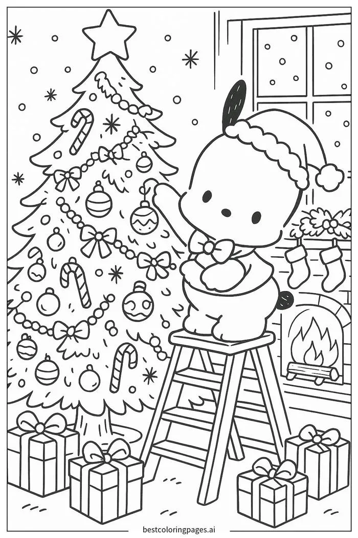 Pochacco trang trí cây thông Noel Trang tô màu - In miễn phí |  BestColoringPages AI